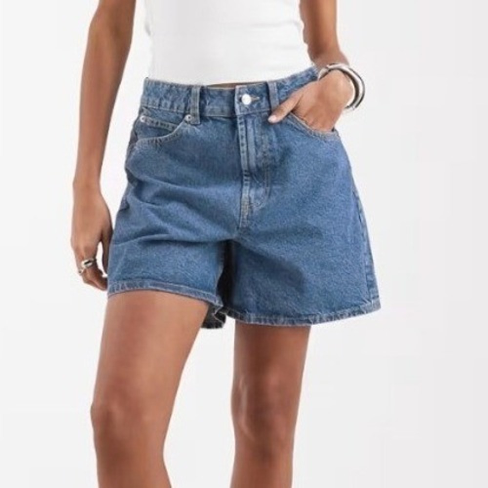 Cotton On Women's Size 10 Midi Denim Dad Shorts Dark Stone Wash 100% Cotton High